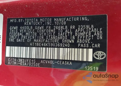 2009 Toyota Camry Se from USA, damaged, VIN 4T1BE46K59U369240